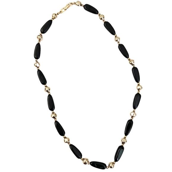 Vintage Boho Beaded Necklace in Black and Gold Tone - Picture 2 of 5